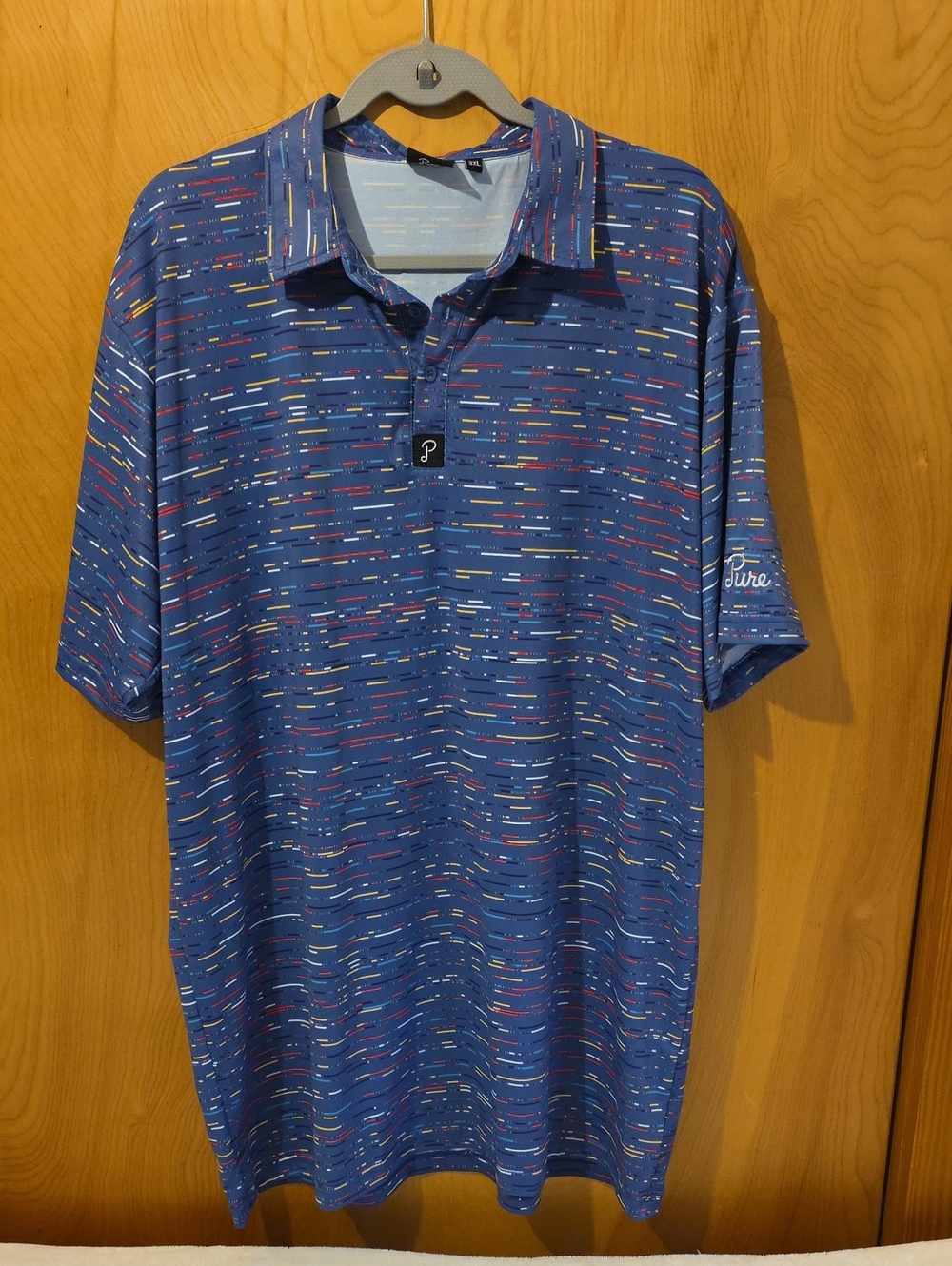 Pure Golf Company Men's Blue Polo with Multicolor Dash Print Golf Shirt
